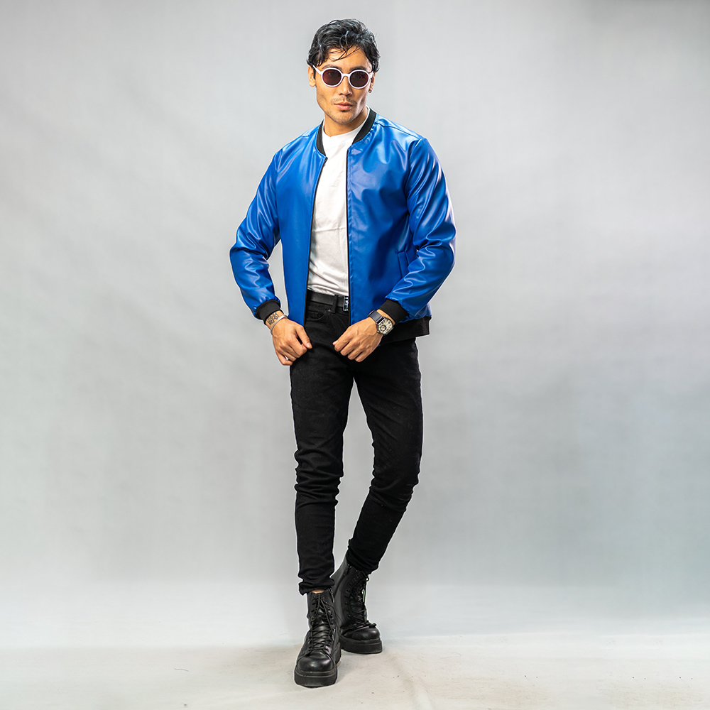 کاپشن چرم خلبانی Rockey آبی