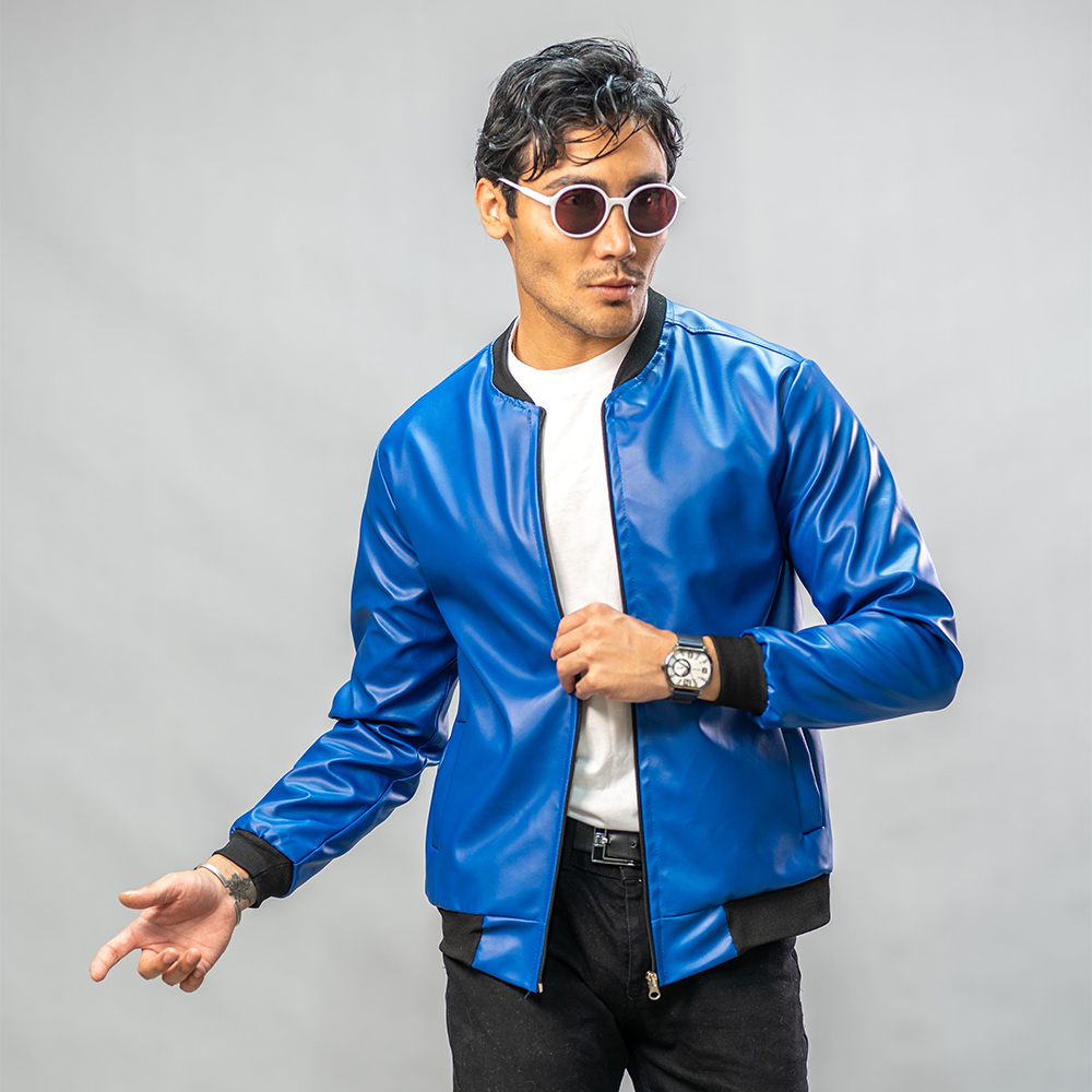 کاپشن چرم خلبانی Rockey آبی