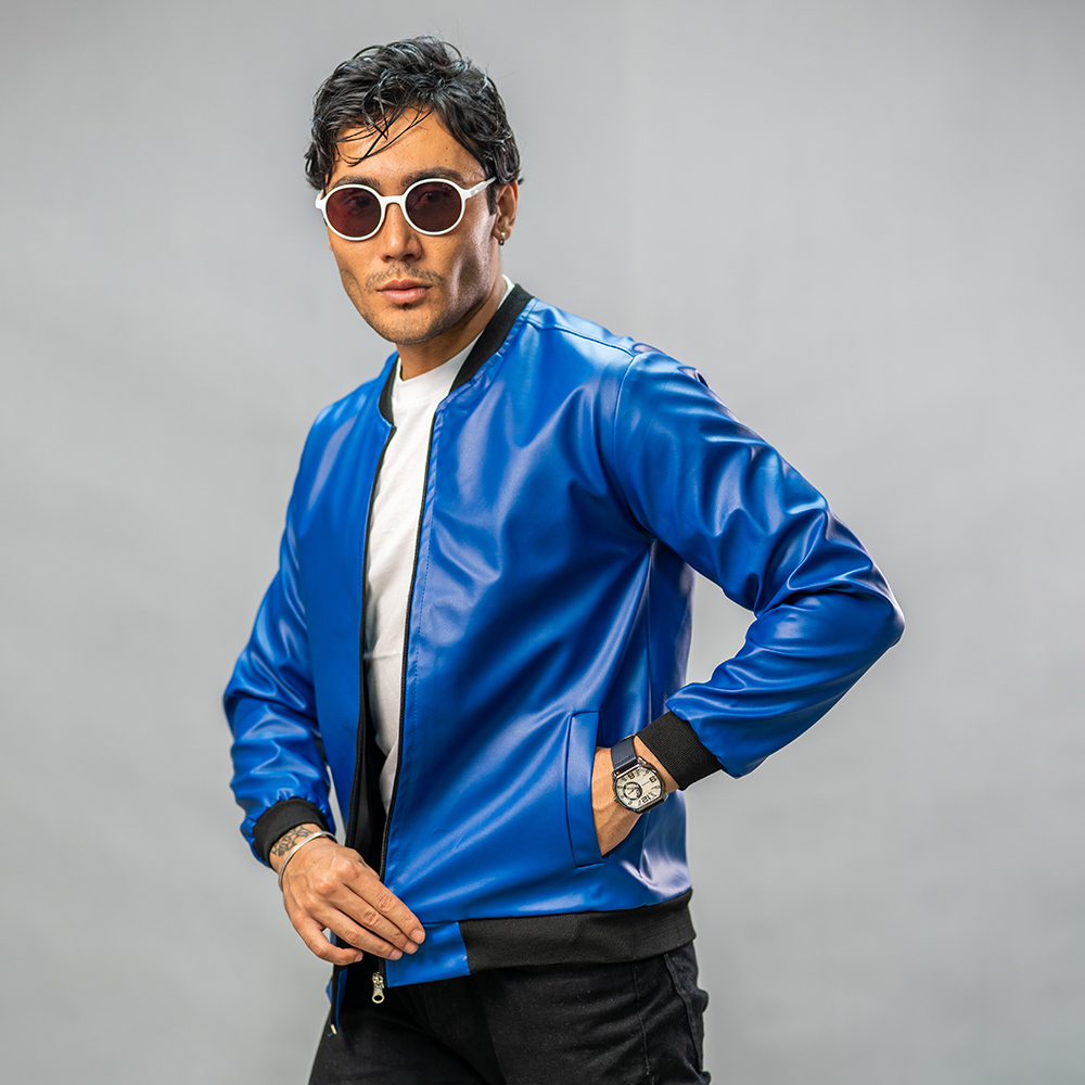 کاپشن چرم خلبانی Rockey آبی