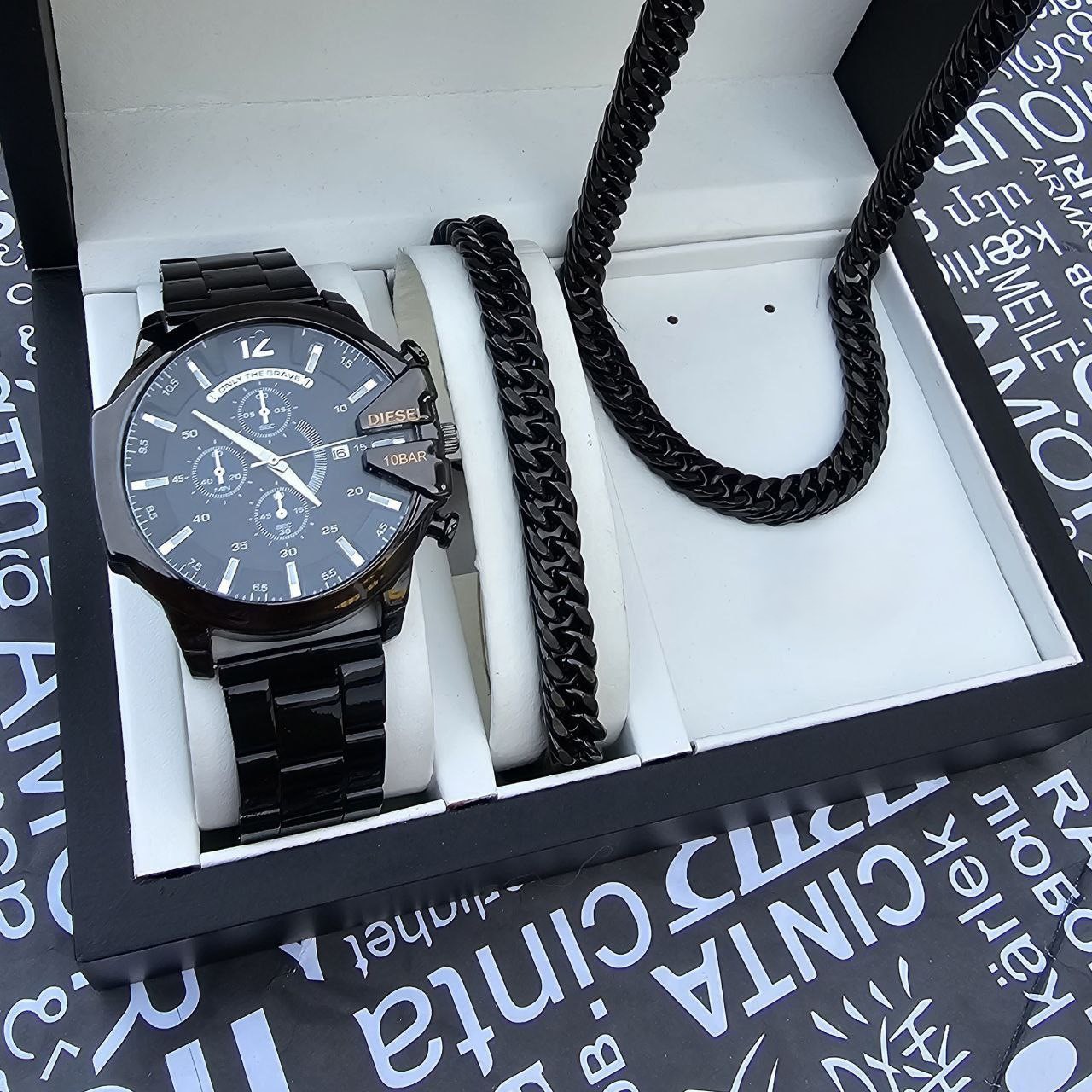 ست ساعت دیزل مشکی و دستبند و گردنبند